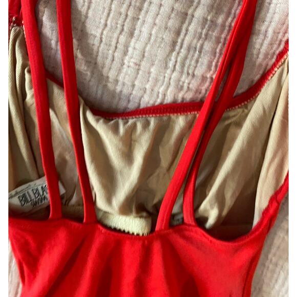 Vintage Bill Blass One Piece Red Swimsuit Women 6 Tank Solid Gold Logo High Cut - Picture 7 of 14